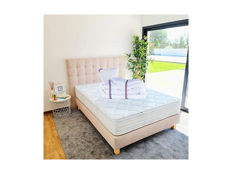 Ensemble Matelas Thermotec (24 cm) ferme, face été/hiver ,Tête de Lit, Sommier (20cm), Couette et Oreiller, 90x190cm