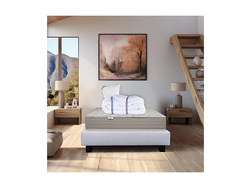 Ensemble Matelas Organic Cotton, 24 cm, mousses haute densité, ferme, face été/hiver + sommier gris ep20cm + oreiller + couette, 90x190cm