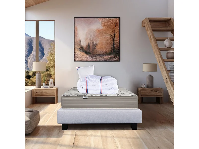 Ensemble Matelas Organic Cotton, 24 cm, mousses haute densité, ferme, face été/hiver + sommier gris ep20cm + oreiller + couette, 90x190cm