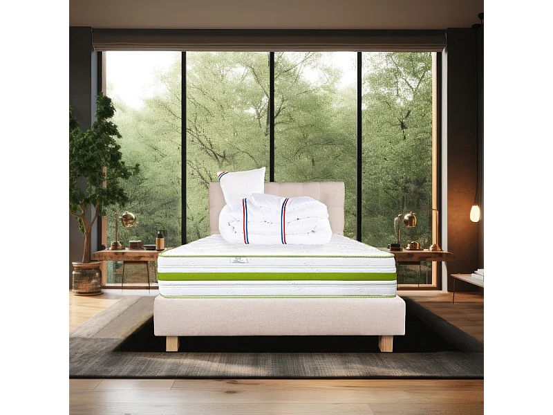Ensemble Matelas Rêverie, 30 cm, mousses haute densité, ferme, face été/hiver+sommier beige ep20cm+oreiller+couette+Tête de Lit, 90x190cm