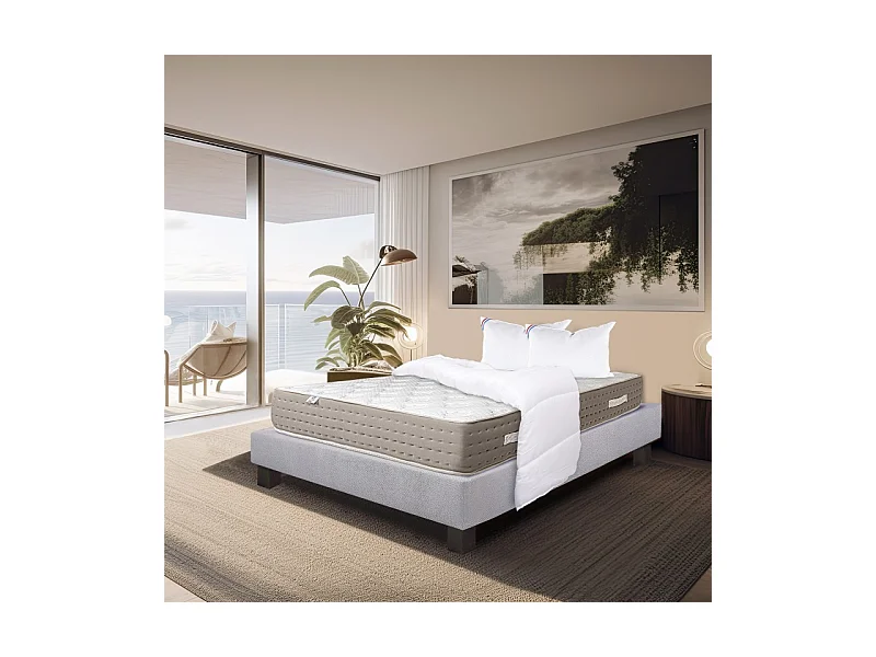 Ensemble Matelas Dreamlux 26cm ressorts ensachés mousses haute densité ferme face été/hiver+sommier gris ep20cm+oreiller+couette, 140x200cm