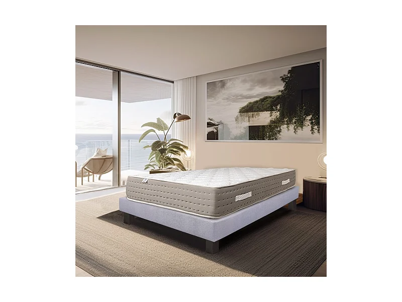Ensemble Matelas Dreamlux, 26 cm, ressorts ensachés mousses haute densité, ferme, face été/hiver + sommier gris ep20cm, 160x200cm