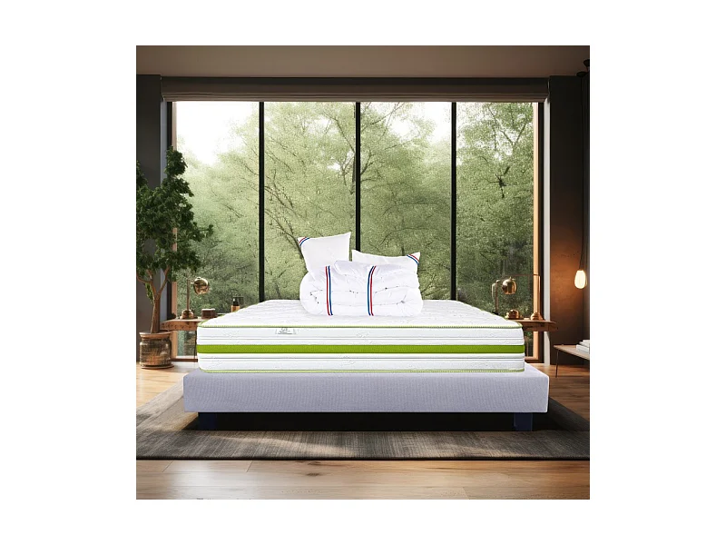 Ensemble Matelas Rêverie, 30 cm, mousses haute densité, ferme, face été/hiver + sommier gris ep20cm + oreiller + couette, 160x200cm