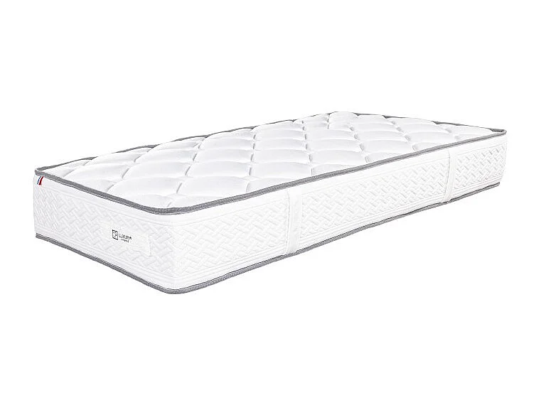 Ensemble Matelas Iris (20 cm) mousse haute densité, ferme, face été/hiver, Sommier blanc (13cm), Oreiller et Couette, 90x190cm
