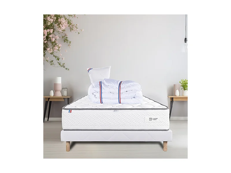 Ensemble Matelas Iris (20 cm) mousse haute densité, ferme, face été/hiver, Sommier blanc (13cm), Oreiller et Couette, 90x190cm