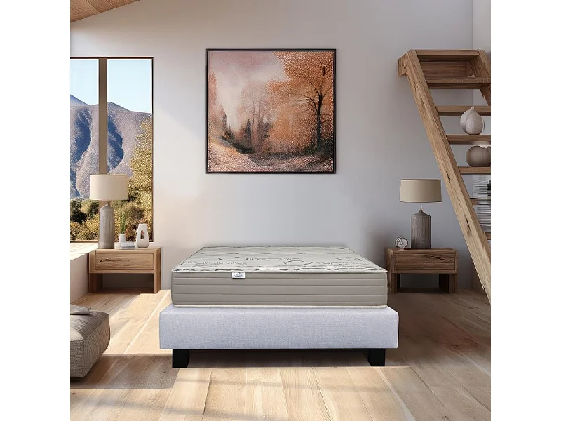 Ensemble Matelas Organic Cotton, 24 cm, mousses haute densité, ferme, face été/hiver + sommier gris ep20cm, 140x200cm