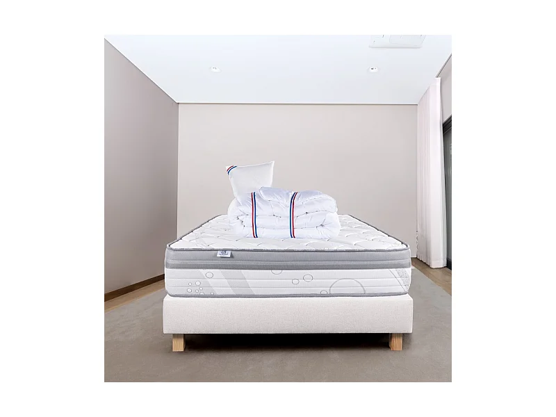 Ensemble Matelas ViscoPlus, 26 cm, mousses haute densité, ferme, face été/hiver + sommier beige ep20cm + oreiller + couette, 90x190cm
