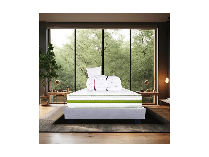 Ensemble Matelas Rêverie, 30 cm, mousses haute densité, ferme, face été/hiver + sommier gris ep20cm + oreiller + couette, 90x190cm