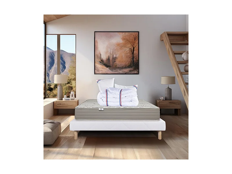 Ensemble Matelas Organic Cotton, 24 cm, mousses haute densité, ferme, face été/hiver+sommier blanc ep 13cm+oreiller+couette, 140x190cm