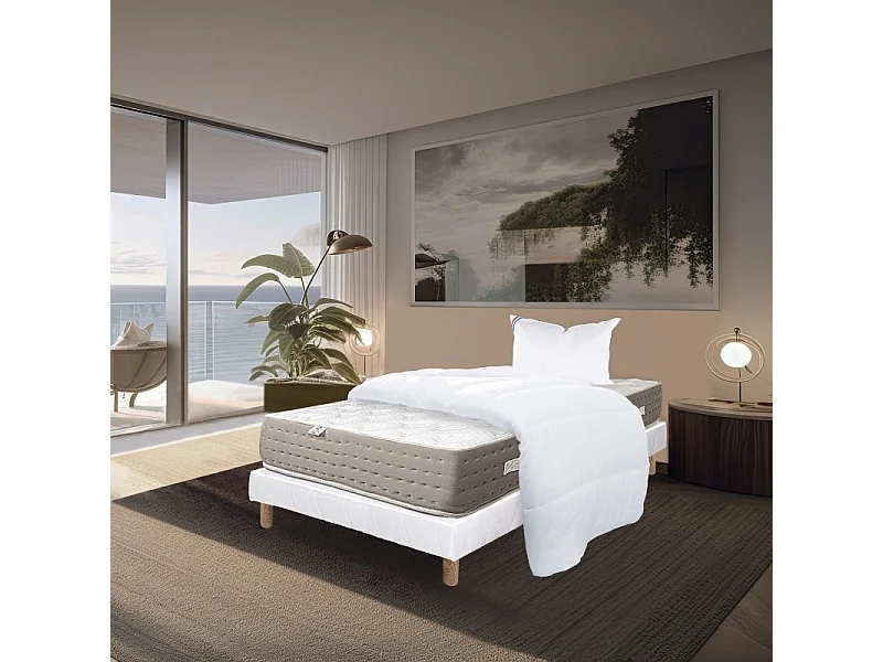 Ensemble Matelas Dreamlux 26cm ressorts ensachés ferme face été/hiver+sommier blanc ep 13cm+oreiller+couette, 90x190cm