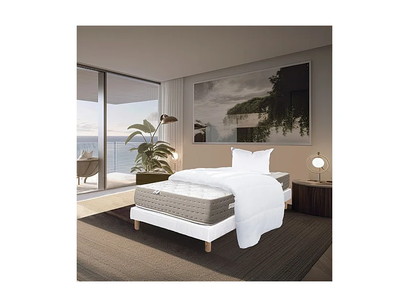 Ensemble Matelas Dreamlux 26cm ressorts ensachés ferme face été/hiver+sommier blanc ep 13cm+oreiller+couette, 90x190cm