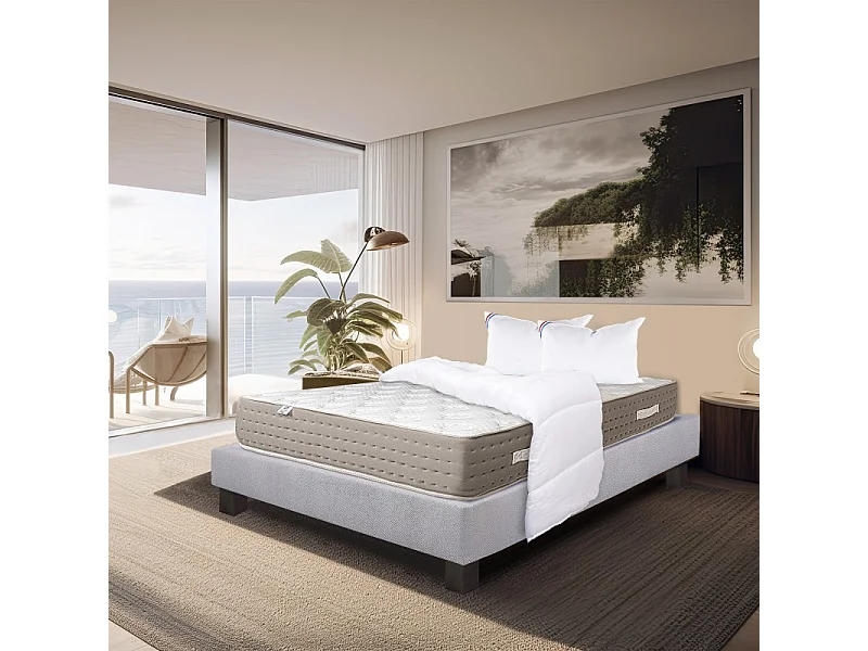 Ensemble Matelas Dreamlux 26cm ressorts ensachés mousses haute densité ferme face été/hiver+sommier gris ep20cm+oreiller+couette, 140x190cm