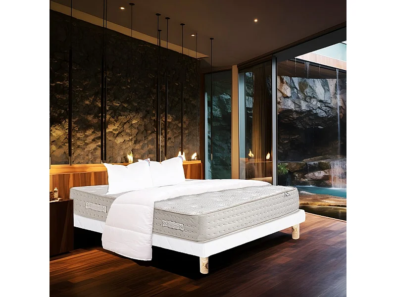 Ensemble Matelas Purlux, 26 cm, mousses haute densité, ferme, face été/hiver + sommier blanc ep 13cm + oreiller + couette, 140x190cm