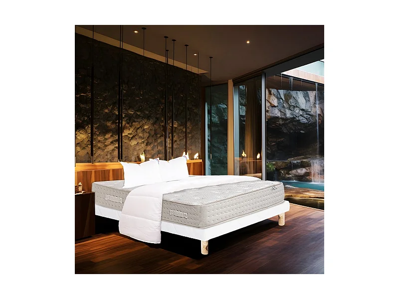 Ensemble Matelas Purlux, 26 cm, mousses haute densité, ferme, face été/hiver + sommier blanc ep 13cm + oreiller + couette, 140x190cm