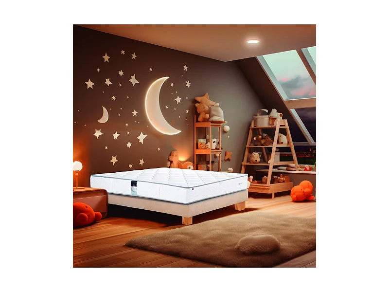 Ensemble Sommier beige (20cm) et Matelas Iris (20cm), mousses haute densité, ferme, face été/hiver, 90x190cm