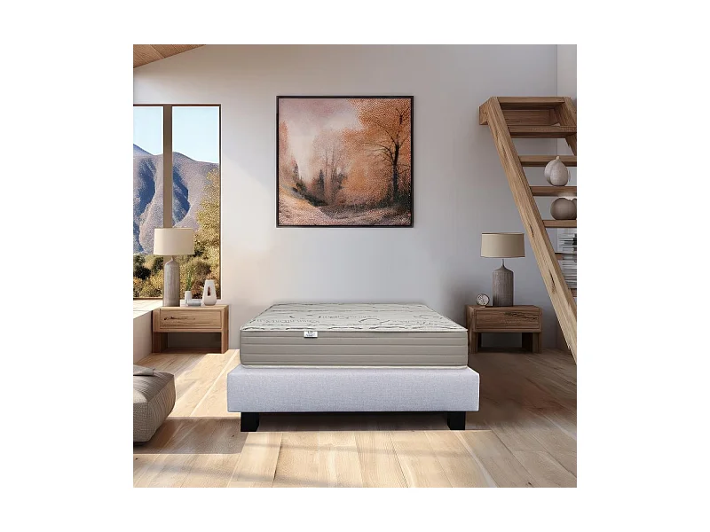 Ensemble Matelas Organic Cotton, 24 cm, mousses haute densité, ferme, face été/hiver + sommier gris ep20cm, 160x200cm