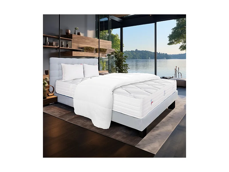 Ensemble Matelas Patriote Mousse 27cm  ferme face été/hiver+sommier gris ep20cm+oreiller+couette+Tête de Lit, 160x200cm
