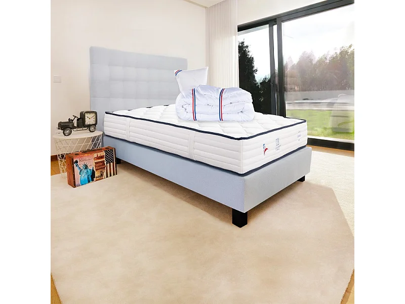 Ensemble Matelas Patriote, 27 cm, ressorts ensachés, ferme, face été/hiver+sommier gris ep20cm+oreiller+couette+Tête de Lit, 90x190cm