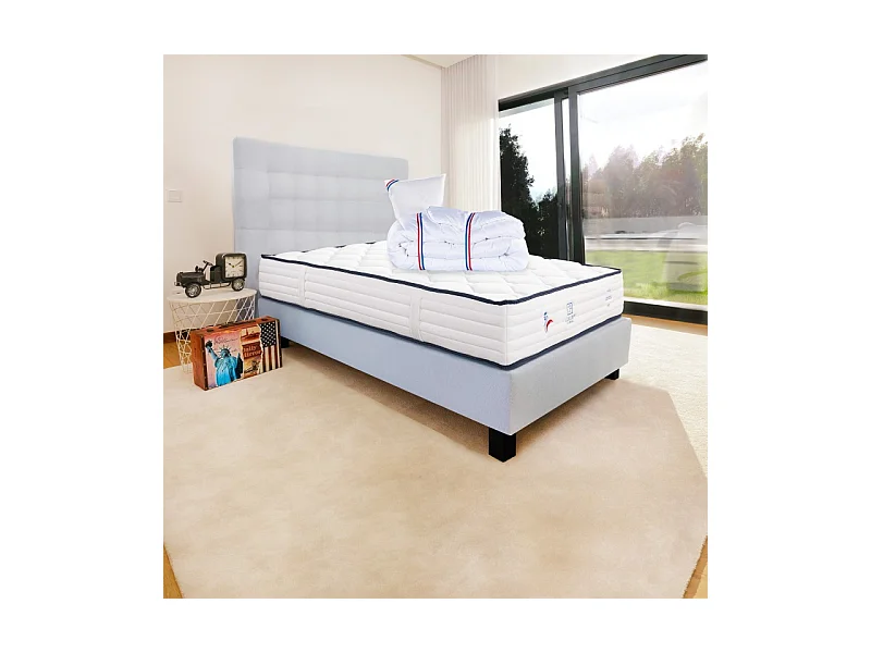 Ensemble Matelas Patriote, 27 cm, ressorts ensachés, ferme, face été/hiver+sommier gris ep20cm+oreiller+couette+Tête de Lit, 90x190cm