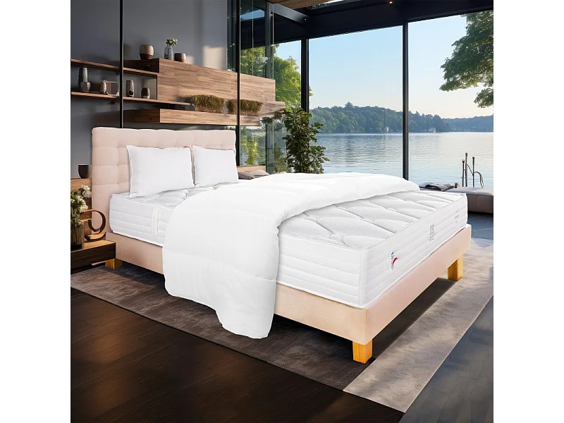 Ensemble Matelas Patriote Mousse 27cm  ferme face été/hiver+sommier beige ep20cm+oreiller+couette+Tête de Lit, 140x190cm