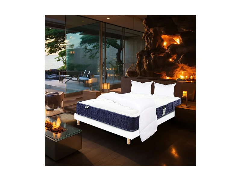 Ensemble Matelas Nuage (24cm), Sommier (13cm), Oreiller et Couette -mousse haute densité, mi-ferme, face été/hiver, 140x190cm