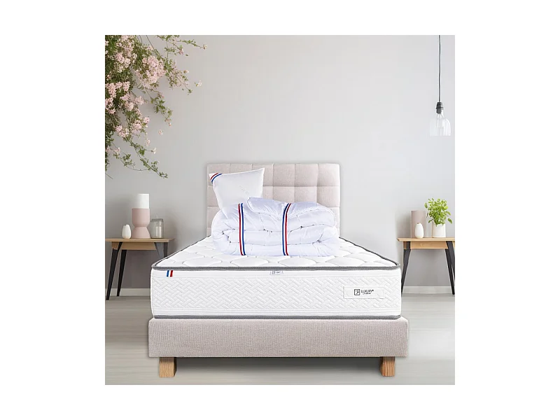 Ensemble Complet Matelas Iris (20 cm) ferme,Sommier beige (20cm) , Tête de lit,Oreiller et Couette, 90x190cm