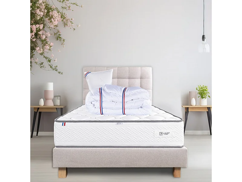 Ensemble Complet Matelas Iris (20 cm) ferme,Sommier beige (20cm) , Tête de lit,Oreiller et Couette, 90x190cm
