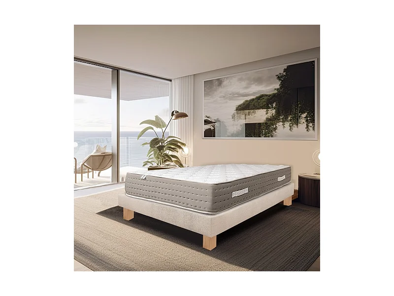 Ensemble Matelas Dreamlux, 26 cm, ressorts ensachés mousses haute densité, ferme, face été/hiver + sommier beige ep20cm, 90x190cm