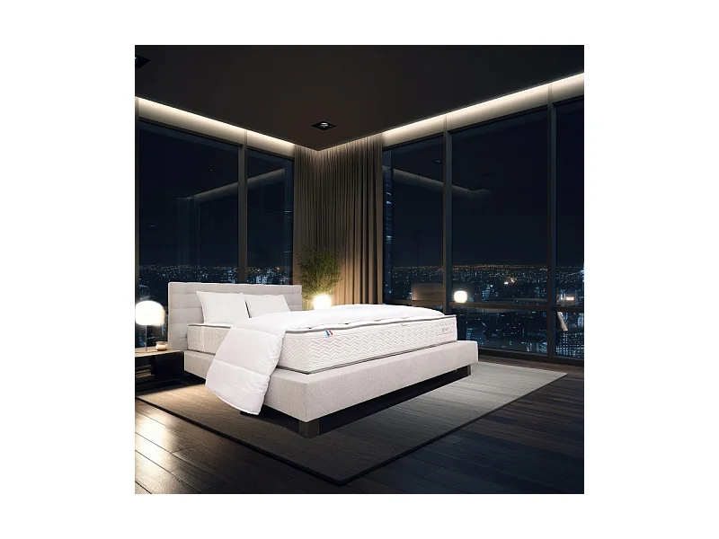 Ensemble Complet Matelas Iris (20 cm) ferme, Sommier gris(20cm) , Tête de lit, Oreiller et Couette, 140x200cm