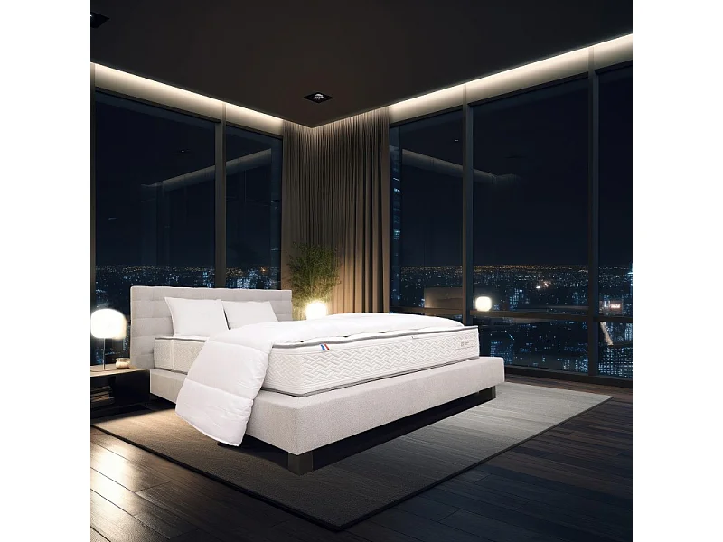 Ensemble Complet Matelas Iris (20 cm) ferme, Sommier gris(20cm) , Tête de lit, Oreiller et Couette, 140x200cm