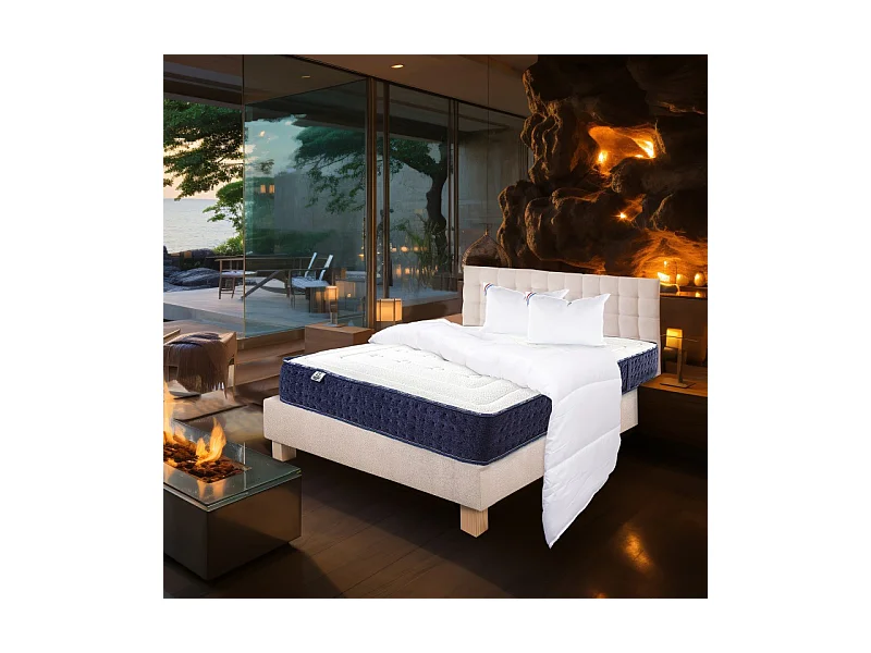 Ensemble complet Matelas Nuage(24 cm), Sommier beige(20cm), Tête de Lit, oreiller et couette, matelas mi-ferme, face été/hiver, 140x190cm