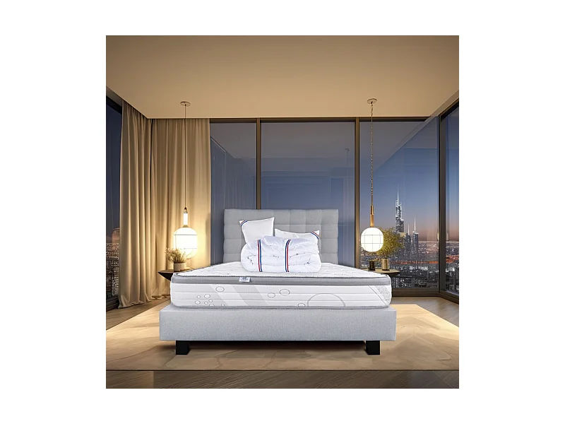 Ensemble Matelas Relaxation, 26 cm, ressorts ensachés, ferme, face été/hiver+sommier gris ep20cm+oreiller+couette+Tête de Lit, 140x200cm