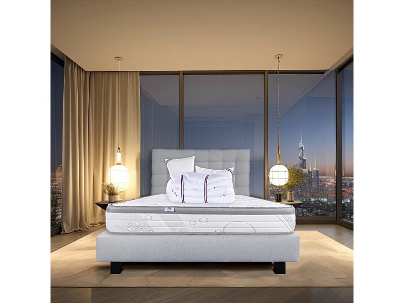 Ensemble Matelas Relaxation, 26 cm, ressorts ensachés, ferme, face été/hiver+sommier gris ep20cm+oreiller+couette+Tête de Lit, 140x200cm