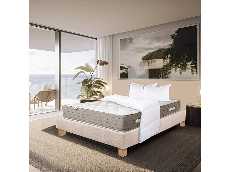 Ensemble Matelas Dreamlux 26cm ressorts ensachés ferme face été/hiver+sommier beige ep20cm+oreiller+couette, 160x200cm