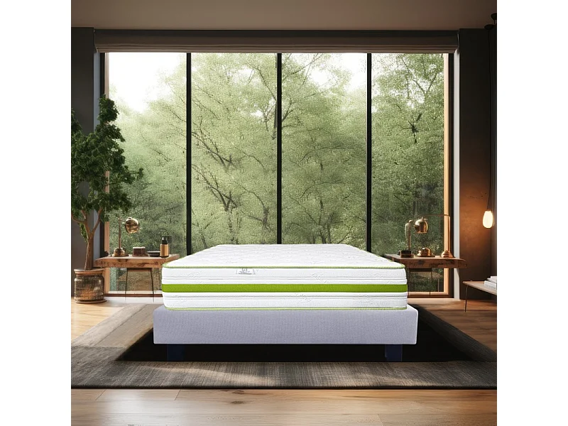 Ensemble Matelas Rêverie, 30 cm, mousses haute densité, ferme, face été/hiver + sommier gris ep20cm, 160x200cm