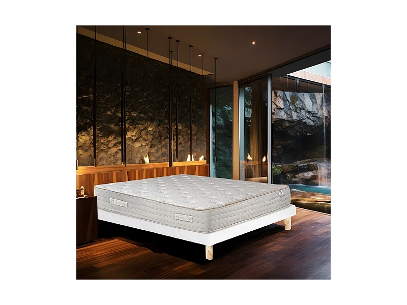 Ensemble Matelas Purlux, 26 cm, mousses haute densité, ferme, face été/hiver + sommier blanc ep 13cm, 140x190cm