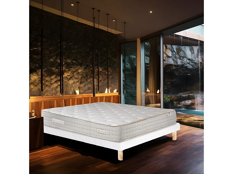Ensemble Matelas Purlux, 26 cm, mousses haute densité, ferme, face été/hiver + sommier blanc ep 13cm, 140x190cm