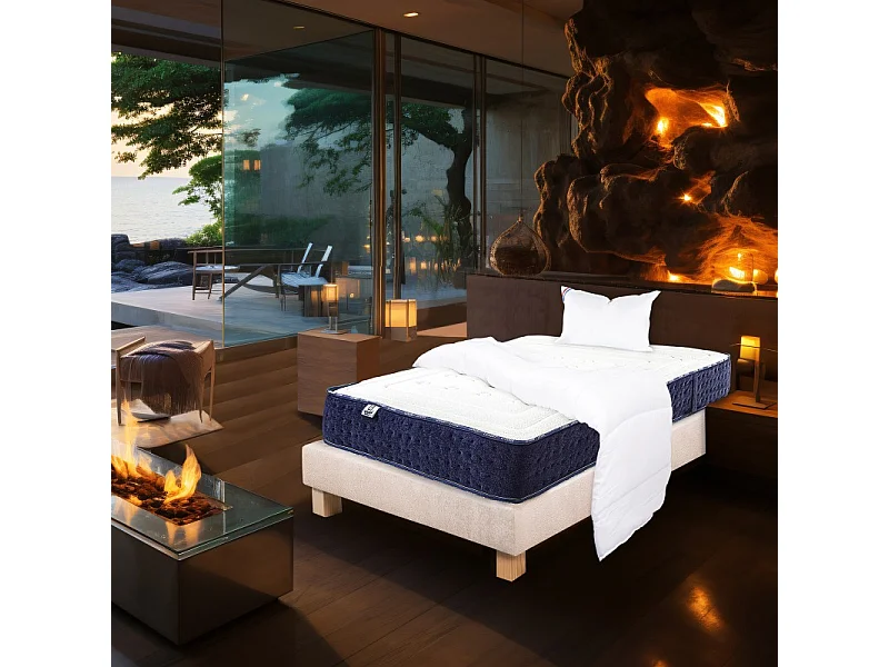 Ensemble Matelas Nuage (24cm), Sommier (20cm), Oreiller et Couette, mousses haute densité, mi-ferme, face été/hiver, 90x190cm