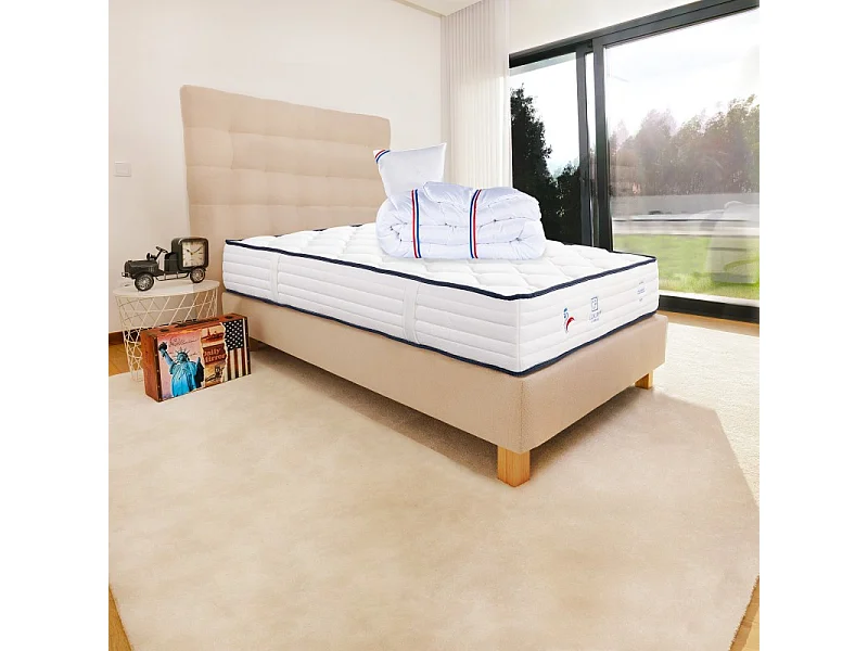 Ensemble Matelas Patriote, 27 cm, ressorts ensachés, ferme, face été/hiver+sommier beige ep20cm+oreiller+couette+Tête de Lit, 90x190cm
