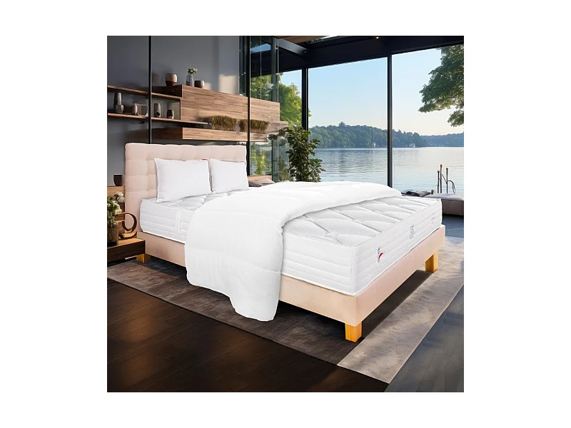 Ensemble Matelas Patriote Mousse 27cm  ferme face été/hiver+sommier beige ep20cm+oreiller+couette+Tête de Lit, 160x200cm