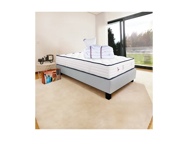 Ensemble Matelas Patriote, 27 cm, ressorts ensachés, ferme, face été/hiver + sommier gris ep20cm + oreiller + couette, 90x190cm