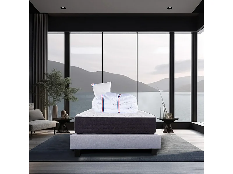 Ensemble Matelas Serenite, 27 cm, ressorts ensachés, ferme, face été/hiver + sommier gris ep20cm + oreiller + couette, 90x190cm