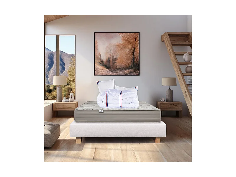 Ensemble Matelas Organic Cotton, 24 cm, mousses haute densité, ferme, face été/hiver + sommier beige ep20cm + oreiller + couette, 140x200cm