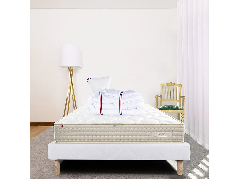 Ensemble Matelas Sublime, 20 cm, mousses haute densité, ferme, face été/hiver + sommier blanc ep 13cm + oreiller + couette, 90x190cm