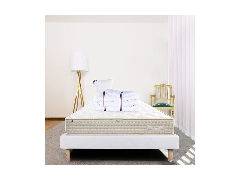 Ensemble Matelas Sublime, 20 cm, mousses haute densité, ferme, face été/hiver + sommier blanc ep 13cm + oreiller + couette, 90x190cm