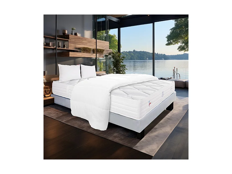 Ensemble Matelas Patriote Mousse, 27 cm, mousses haute densité , ferme, face été/hiver+sommier gris ep20cm+oreiller+couette, 140x200cm