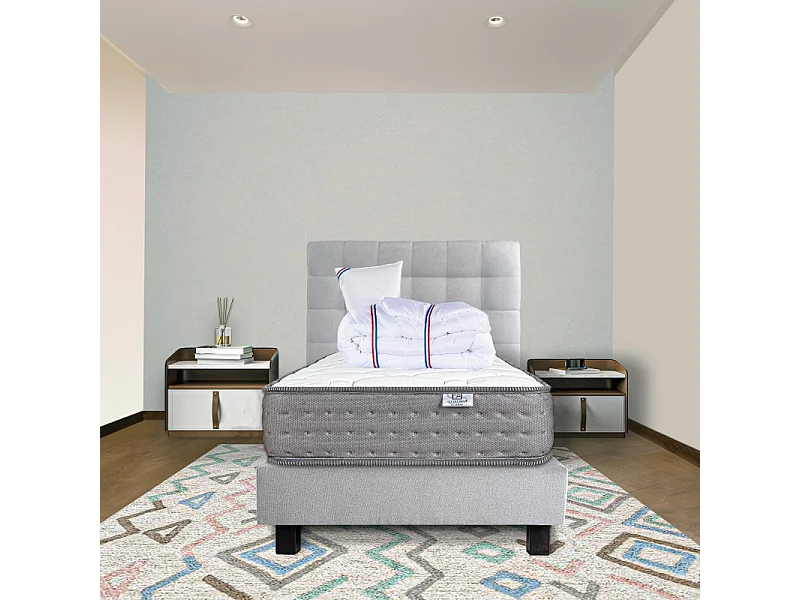 Ensemble Sommier gris (20cm) Matelas Zen (20 cm), ferme, face été/hiver,Oreiller,Couette et Tête de Lit, 90x190cm