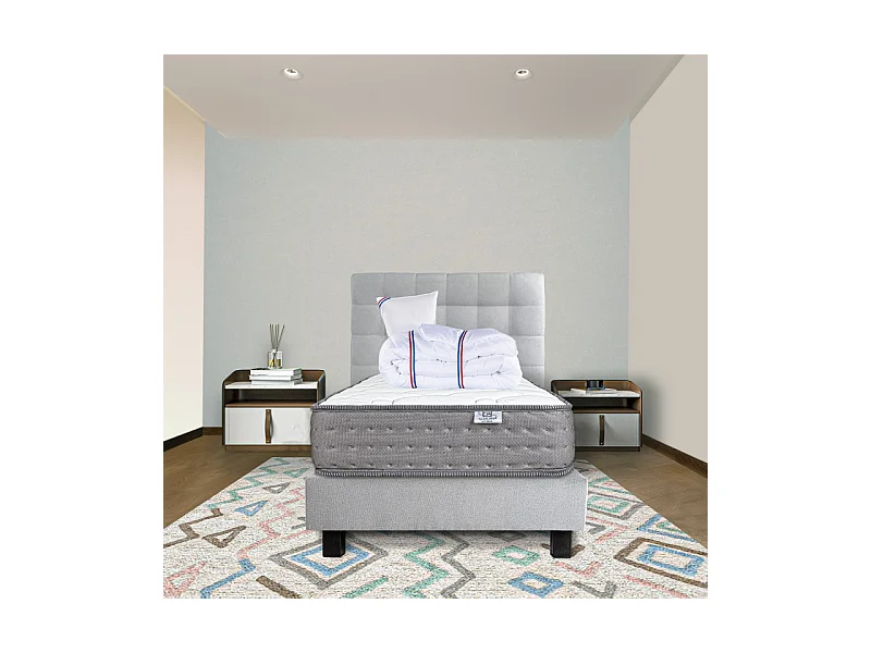 Ensemble Sommier gris (20cm) Matelas Zen (20 cm), ferme, face été/hiver,Oreiller,Couette et Tête de Lit, 90x190cm