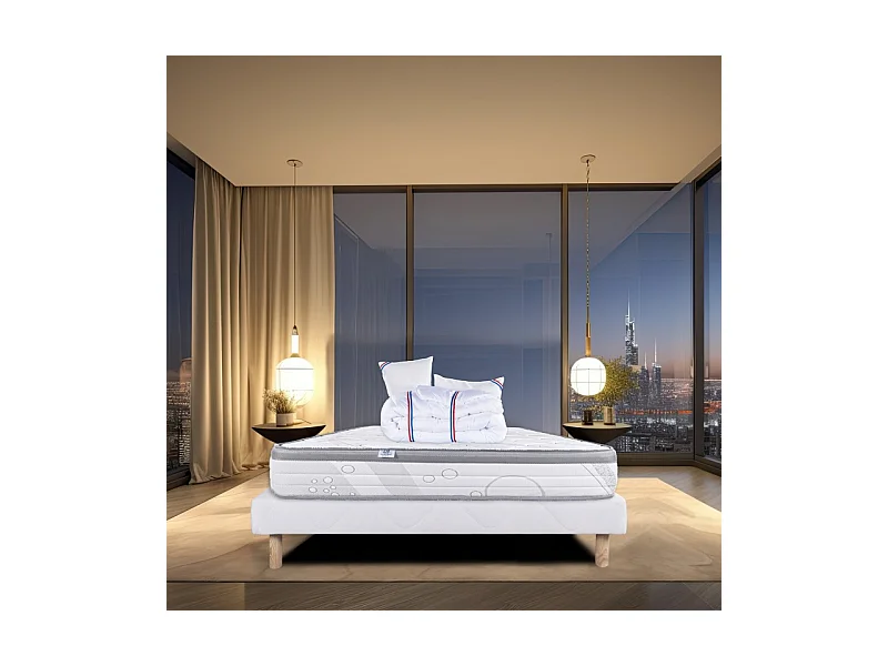 Ensemble Matelas Relaxation, 26 cm, ressorts ensachés, ferme, face été/hiver + sommier blanc ep 13cm + oreiller + couette, 140x190cm