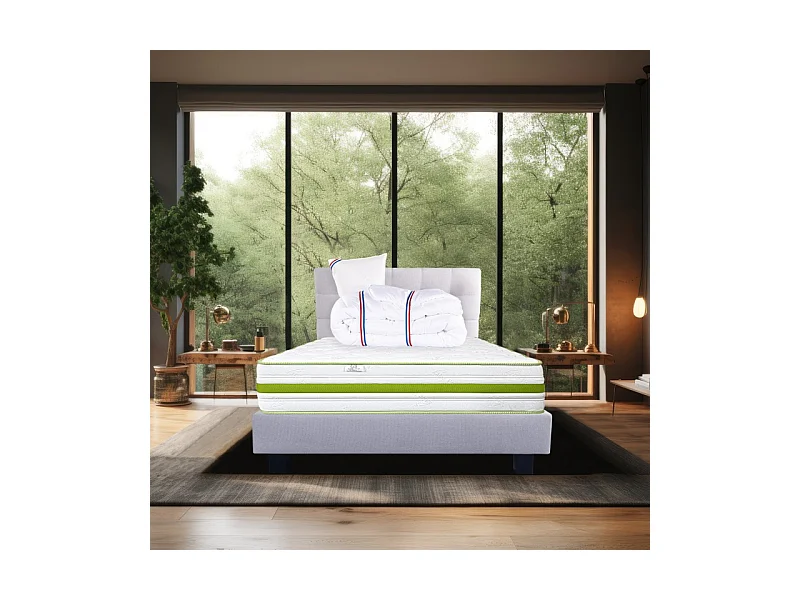 Ensemble Matelas Rêverie, 30 cm, mousses haute densité, ferme, face été/hiver+sommier gris ep20cm+oreiller+couette+Tête de Lit, 90x190cm